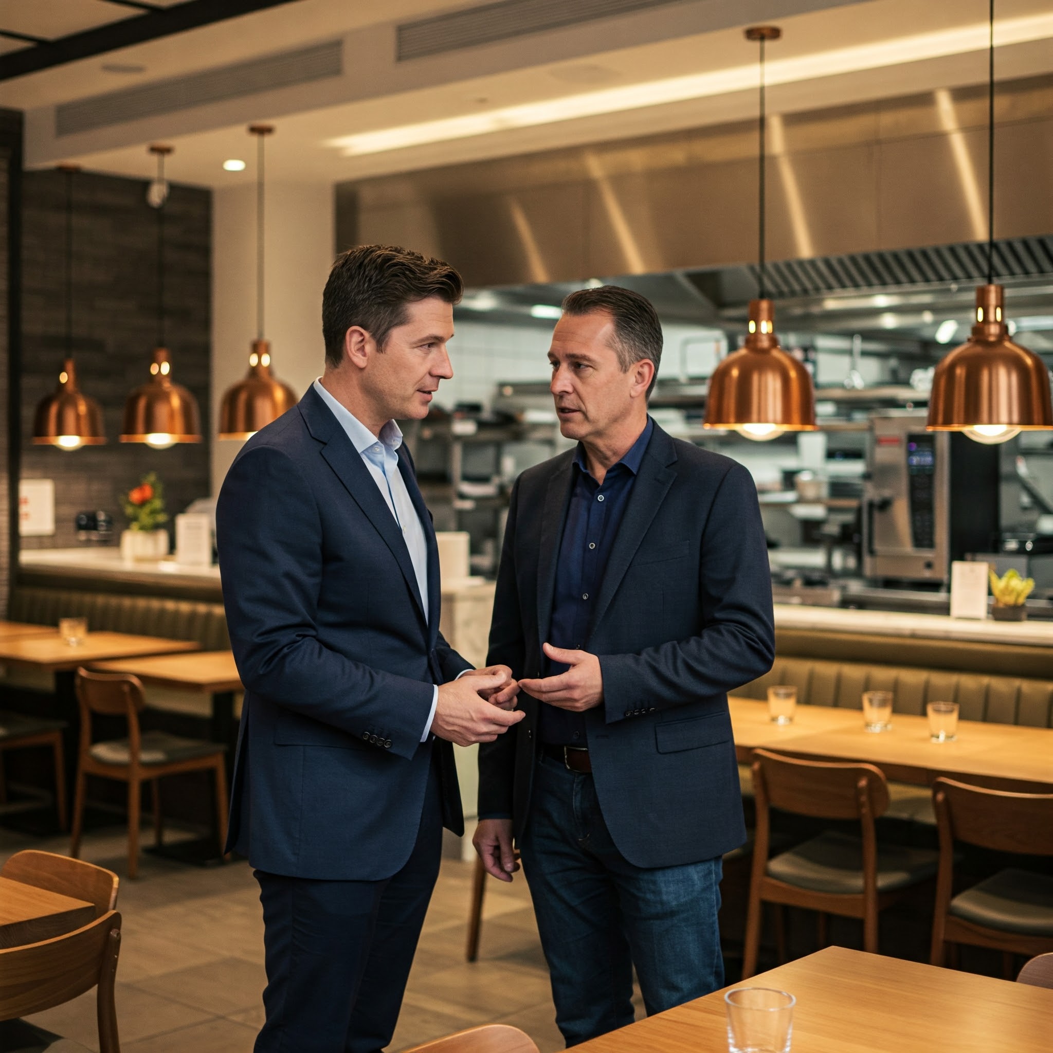 Hospitality consultant reviewing restaurant operations and finances with the owner.